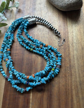 Load image into Gallery viewer, Sterling Silver Multi Strand Stone Blue Turquoise Bead Necklace. 24 inch