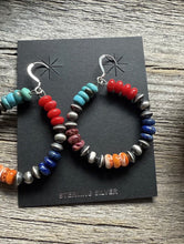 Load image into Gallery viewer, Southwestern 925 Sterling Silver Multi Stone Pearls Hoop Earrings.