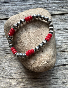 Red Coral 6mm 7 Inch Stretch Sterling Silver Pearls Bead Bracelet