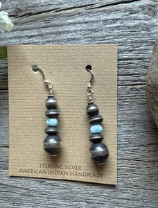 Sterling Silver Blue Larimar W Pearls Bead Drop Earrings. 2 Inch