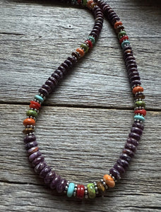 Sterling Silver Purple Spiny Oyster Multi Stone Bead Necklace. 18 inch. Gift