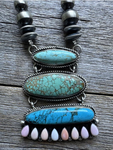 Navajo Sterling Silver Turquoise Pink Conch Pearls Lariat Y Necklace KY