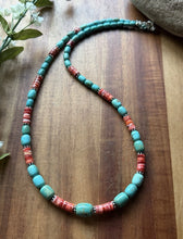 Load image into Gallery viewer, Sterling Silver Graduated Turquoise Heishi Spiny Oyster Bead Necklace 23 Inch