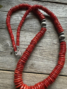 Southwestern Sterling Silver Graduated Bamboo Red Coral Bead Necklace 28 inch