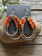 Load image into Gallery viewer, Sterling Silver Double Loop Orange Spiny Oyster Pearls Hoop Earrings.