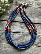 Load image into Gallery viewer, Sterling Silver Multi Strand Stone Lapis Spiny Turquoise Bead Necklace. 20 inch