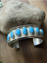 Load image into Gallery viewer, Navajo Native American Sterling Silver Blue Turquoise Row Cuff Bracelet PC