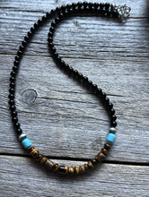 Load image into Gallery viewer, Sterling Silver Black Onyx Tigers Eye Turquoise Bead Necklace. 18 Inch Gift