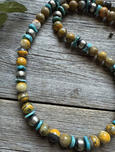 Load image into Gallery viewer, Sterling Silver Bumblebee Jasper Turquoise W Pearls Bead Necklace. 22 inch