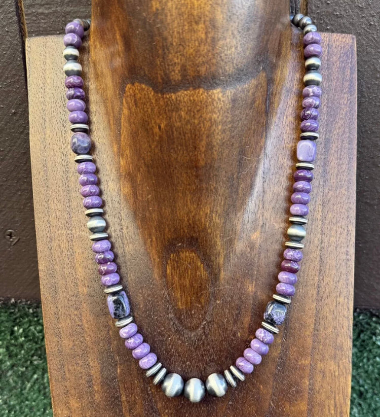 Southwestern Sterling Silver Purple Pearls Bead Necklace 18 Inch