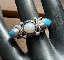 Load image into Gallery viewer, Native American Sterling Silver Freshwater Pearl Turquoise Ring Size 8