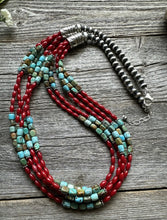 Load image into Gallery viewer, Sterling Silver Blue Green Turquoise Red Coral Pearls Bead Necklace 28 Inch