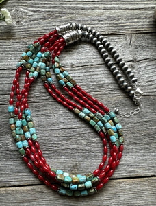 Sterling Silver Blue Green Turquoise Red Coral Pearls Bead Necklace 28 Inch