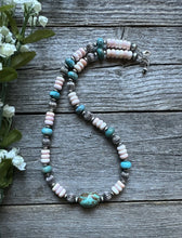 Load image into Gallery viewer, Sterling Silver Pink Conch Turquoise Corrugated Bead Necklace 18 Inch
