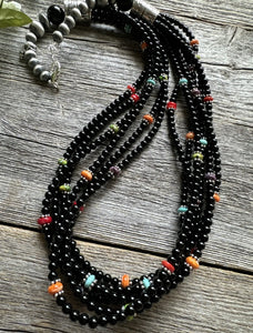 Sterling Silver Multi Strand Black Onyx Multi Stone Bead Necklace. 24 Inch