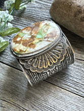 Load image into Gallery viewer, Sunshine Reeves Sterling Silver Green Royston Turquoise Cuff Bracelet. Navajo