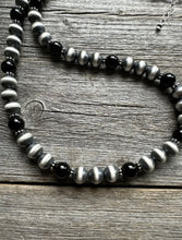 Load image into Gallery viewer, Southwestern Sterling Silver Black Onyx 10mm Pearls Bead Necklace. 26 Inch. Gift