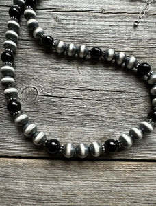 Southwestern Sterling Silver Black Onyx 10mm Pearls Bead Necklace. 26 Inch. Gift