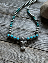 Load image into Gallery viewer, Navajo Sterling Silver Blue Turquoise Bar Pearls Necklace 16 inch Kevin Billah