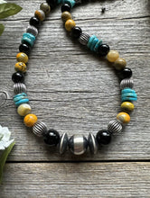 Load image into Gallery viewer, Sterling Silver Multi Stone Turquoise Onyx BumblebeeJasper Bead Necklace 18 inch