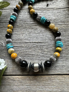 Sterling Silver Multi Stone Turquoise Onyx BumblebeeJasper Bead Necklace 18 inch