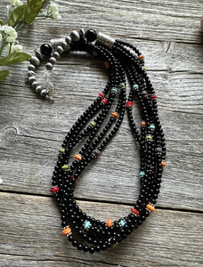 Sterling Silver Multi Strand Black Onyx Multi Stone Bead Necklace. 24 Inch
