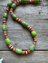 Load image into Gallery viewer, Sterling Silver Orange Spiny Oyster Green Turquoise Bead Necklace. 20 inch