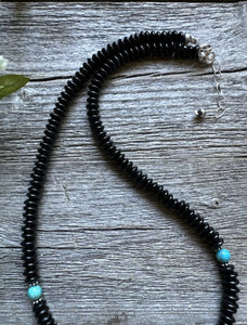 Southwestern 925 Sterling Silver Black Onyx Turquoise Bead Necklace 18 Inch