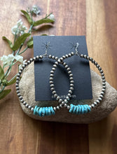 Load image into Gallery viewer, Large Sterling Silver Blue Turquoise Bead 4mm Pearls Loop Hoop Earrings. 3 Inch