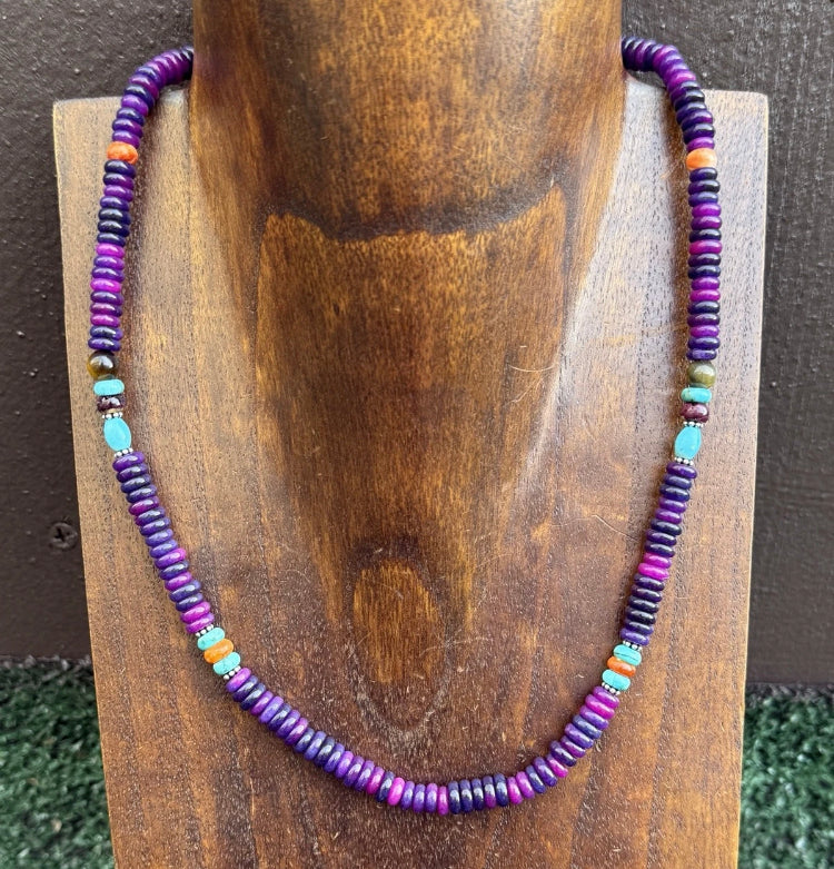 Dyed Sugilite Multi Stone Color Sterling Silver Bead Necklace. 18 inch Gift