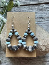 Load image into Gallery viewer, Sterling Silver Blue Larimar W Pearls Bead Loop Corrugated Earrings. 2.4 Inch