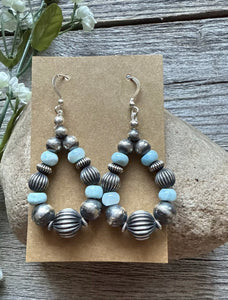 Sterling Silver Blue Larimar W Pearls Bead Loop Corrugated Earrings. 2.4 Inch