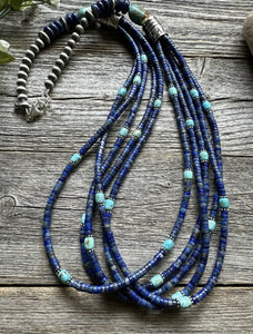 Sterling Silver Multi Strand Stone Lapis Turquoise Bead Necklace. 28 inch