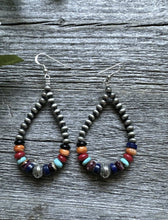 Load image into Gallery viewer, Southwestern Sterling Silver Multi Stone 4mm Pearls Bead Loop Dangle Earrings 3”
