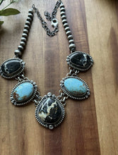 Load image into Gallery viewer, Navajo Sterling Silver Black Jack Kingman Turquoise Lariat Pearls Chain Necklace