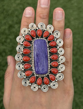 Load image into Gallery viewer, Tonya Rafael Navajo Sterling Silver Purple Charoite Red Coral Cuff Ring Set