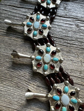 Load image into Gallery viewer, Navajo Sterling Silver Garnet Turquoise Naja Squash Blossom Bead Necklace Signed