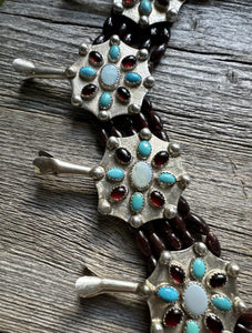 Navajo Sterling Silver Garnet Turquoise Naja Squash Blossom Bead Necklace Signed