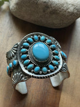 Load image into Gallery viewer, Navajo Native Sterling Silver Blue Turquoise Cluster Cuff Bracelet Signed Gift