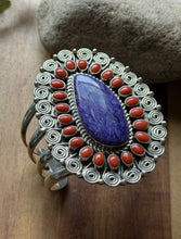 Load image into Gallery viewer, Tonya Rafael Navajo Sterling Silver Purple Charoite Coral Cluster Cuff Bracelet