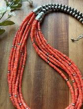 Load image into Gallery viewer, Sterling Silver Multi Strand Orange Bamboo Coral Pearls Bead Necklace 28 Inch