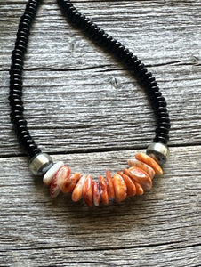 Mens Sterling Silver Black Onyx Orange Spiny Oyster Bead Necklace. 18 Inch