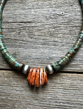 Load image into Gallery viewer, Sterling Silver Orange Spiny Oyster Turquoise Heishi Jackla Bead Necklace 17”