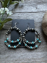 Load image into Gallery viewer, Southwestern Sterling Silver Blue Turquoise Pearls Double Loop Earrings 2.5 Inch