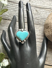 Load image into Gallery viewer, Native American Sterling Silver Blue Turquoise Adjustable Heart Ring. AM