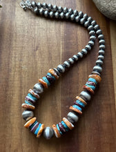 Load image into Gallery viewer, Sterling Silver Spiny Oyster Turquoise W Pearls Bead Necklace. 18 inch