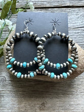 Load image into Gallery viewer, Southwestern Sterling Silver Blue Turquoise Pearls Double Loop Earrings 2.5 Inch