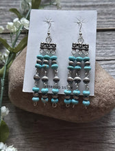 Load image into Gallery viewer, Sterling Silver Blue Turquoise W Pearls Rosary Bead Dangle Earrings. 3 Inch