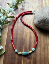 Load image into Gallery viewer, Sterling Silver Red Coral Turquoise Nuggets Bead Necklace 18 inch