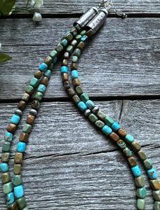 Sterling Silver Multi 2 Strand Blue Green Turquoise Bead Necklace. 20 inch